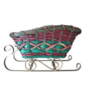 Vintage Holiday Basket Sleigh Sled Wicker Green & Red Weaved Collectible Xmas